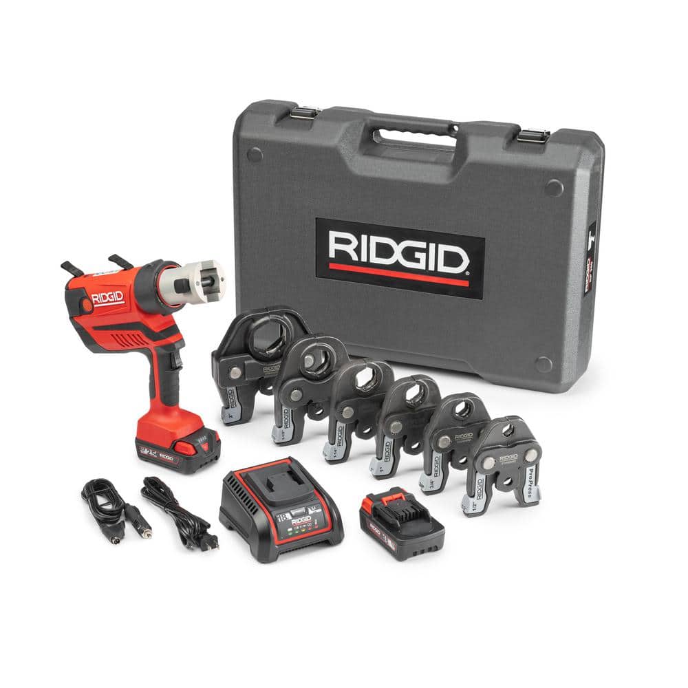 RIDGID RP 350 press tool kit with jaws, batteries, charger, and carrying case