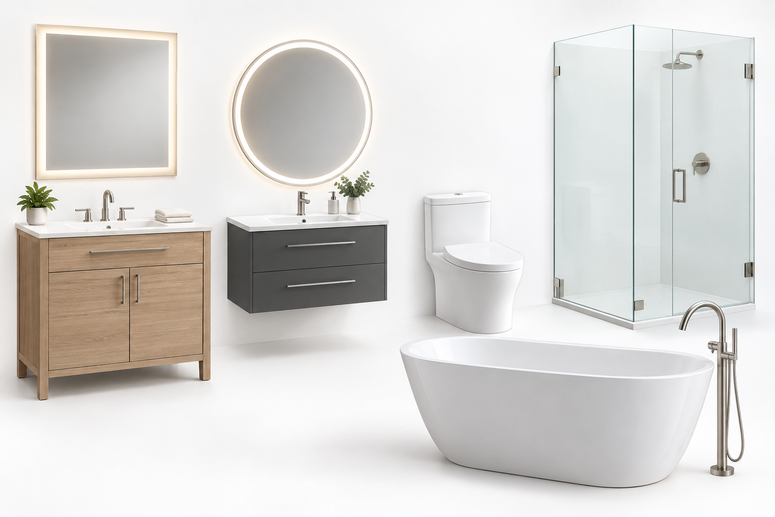Bathroom showroom with vanities, LED mirrors, toilet, freestanding tub, and shower door