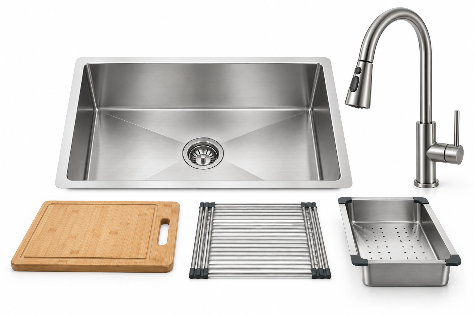 Kitchen showroom display with stainless steel sink, pull-down faucet, and workstation accessories